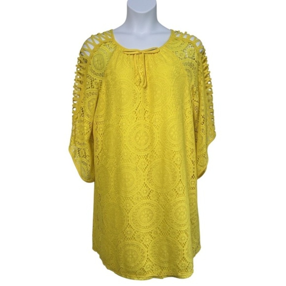 TACERA‎ Women Size 2X Embroidery Lace Lined Yellow Midi Dress Summer Vacation